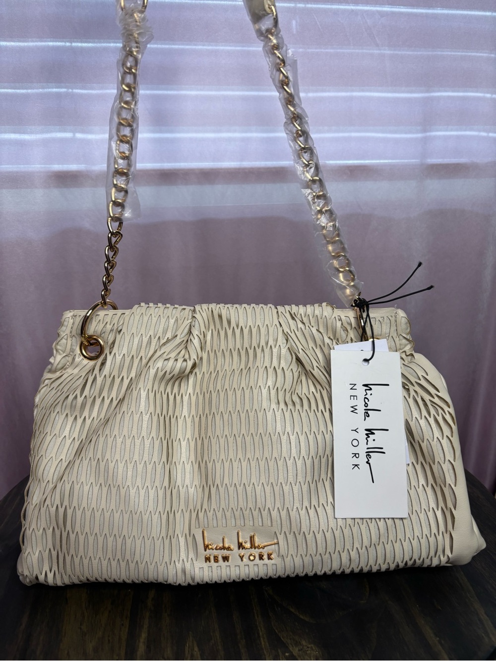 Nicole Miller Cream Woven Shoulder Bag with Gold Chain